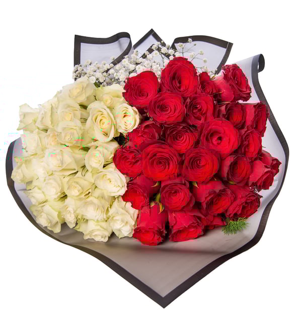 PPremium Kırmızı & Beyaz Gül Buketi – Aşk ve Saflığın En Güzel Hali