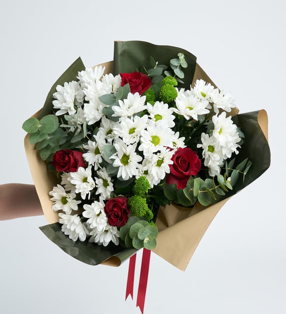 Kırmızı Güllü & Beyaz Papatyalı Doğal Buket